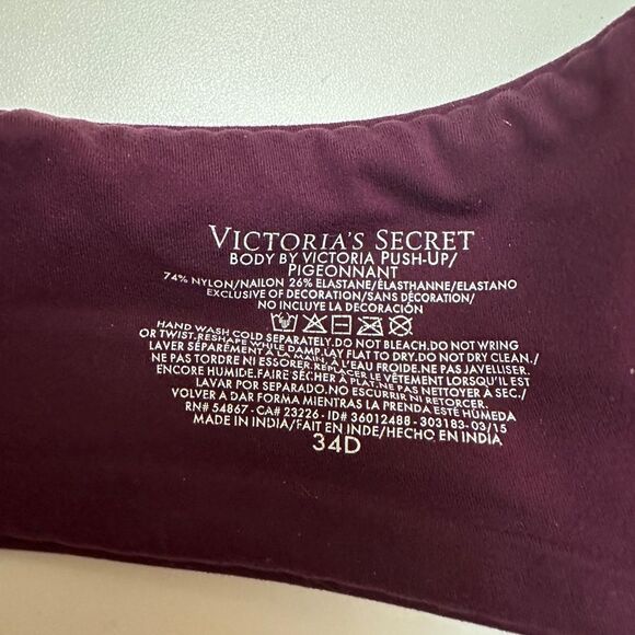 Victorias Secret Body By Victoria Push-Up‎ Pigeonnant Bra 34D Wine Maroon - Picture 11 of 11